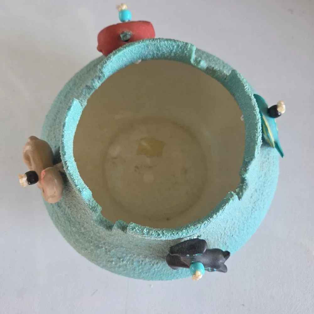 Textured Native American Fetish Teal Bowl Planter Bear Rabbit Fish Deer Beads